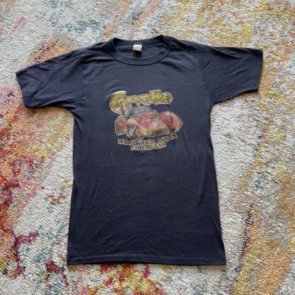 Vintage 70s Corvette Glitter Iron On T-Shirt Mid Century Automotive Graphic Tee